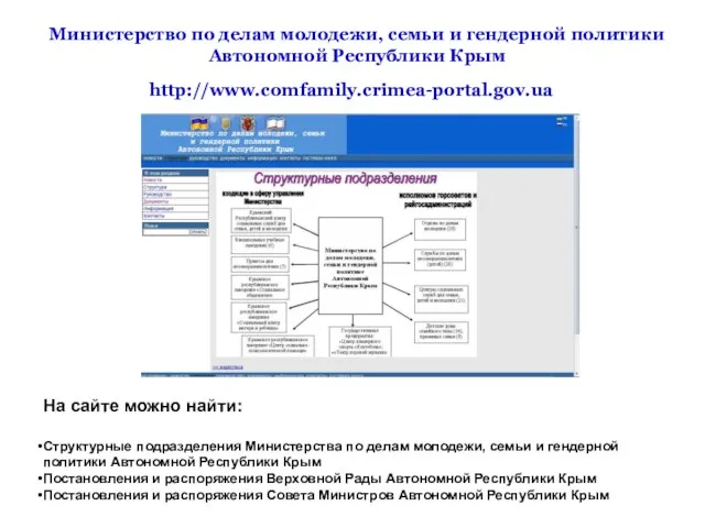 http://www.comfamily.crimea-portal.gov.ua На сайте можно найти: Структурные подразделения Министерства по делам молодежи,