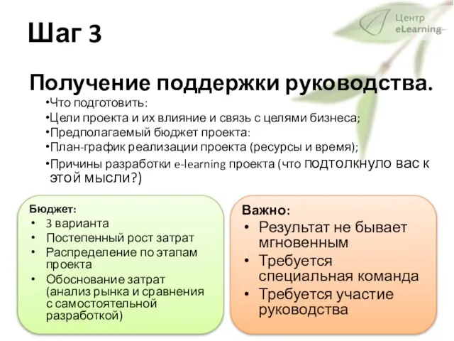 Шаг 3 Получение поддержки руководства. Что подготовить: Цели проекта и их