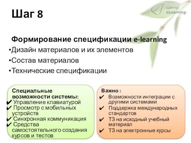 Шаг 8 Формирование спецификации e-learning Дизайн материалов и их элементов Состав