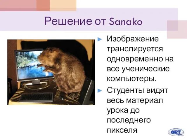 Решение от Sanako Изображение транслируется одновременно на все ученические компьютеры. Студенты