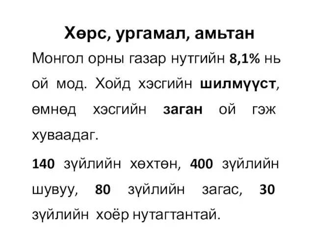 Хөрс, ургамал, амьтан Монгол орны газар нутгийн 8,1% нь ой мод.