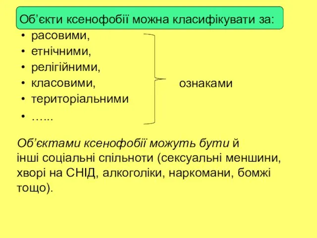 Об’єкти ксенофобії можна класифікувати за: расовими, етнічними, релігійними, класовими, територіальними …...