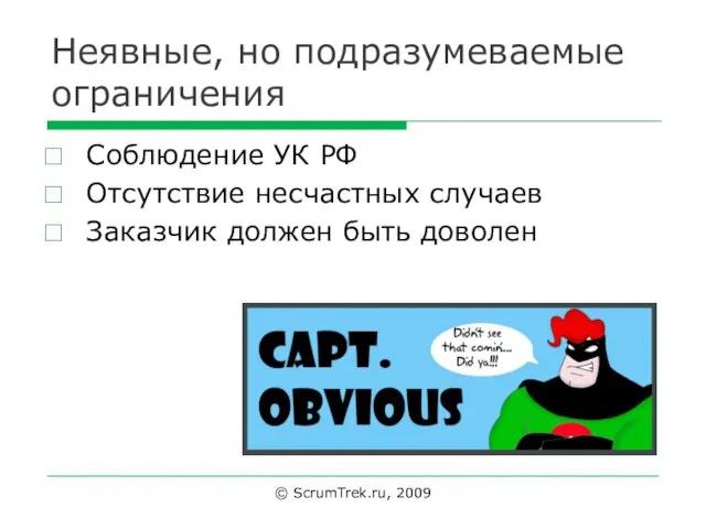 Неявные, но подразумеваемые ограничения Соблюдение УК РФ Отсутствие несчастных случаев Заказчик