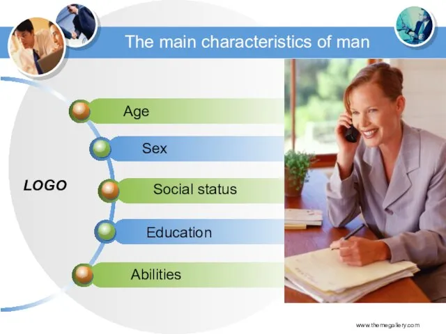 www.themegallery.com The main characteristics of man Age Sex Social status Education Abilities LOGO