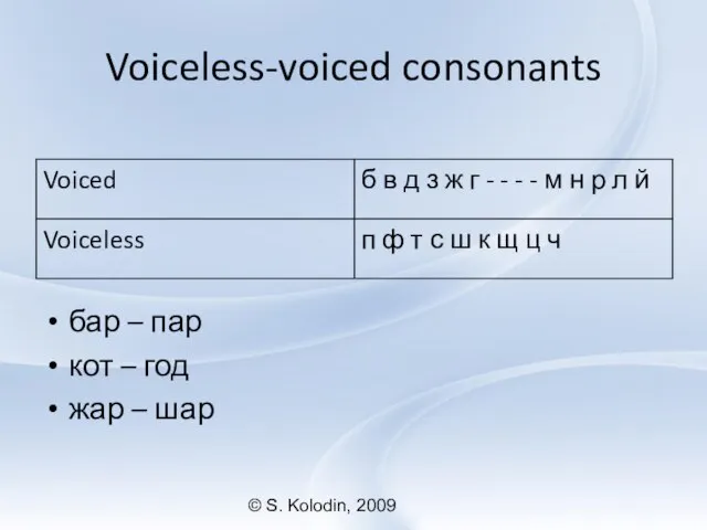 © S. Kolodin, 2009 Voiceless-voiced consonants бар – пар кот – год жар – шар