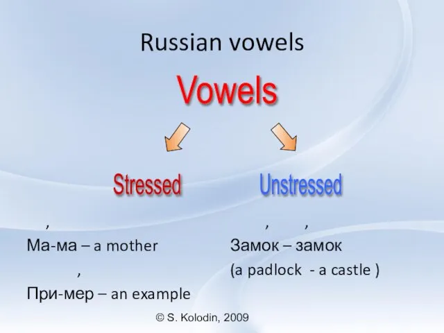 © S. Kolodin, 2009 Russian vowels , Ма-ма – a mother