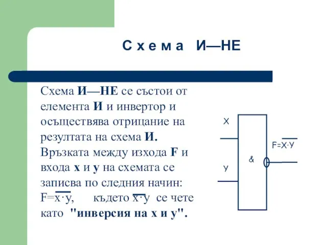 Схема И—НЕ се състои от елемента И и инвертор и осъществява