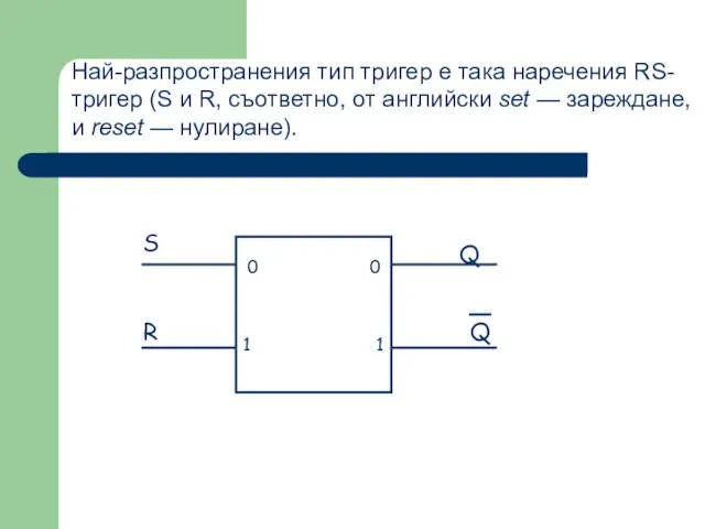 Най-разпространения тип тригер е така наречения RS-тригер (S и R, съответно,