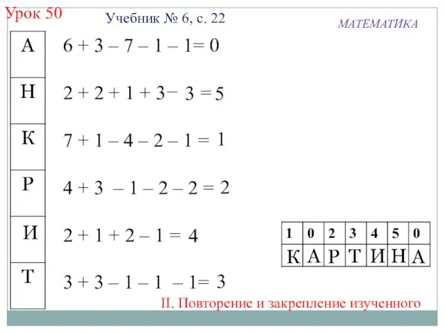 Урок 50 МАТЕМАТИКА 6 + 3 – 7 – 1 –