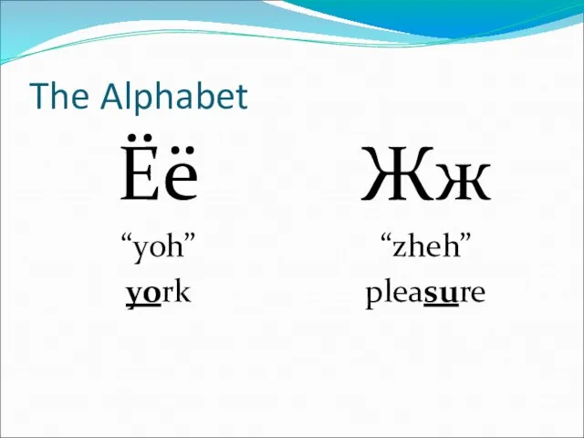 The Alphabet Ёё “yoh” york Жж “zheh” pleasure
