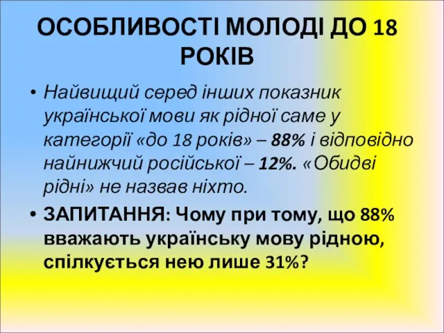 ОСОБЛИВОСТІ МОЛОДІ ДО 18 РОКІВ Найвищий серед інших показник української мови