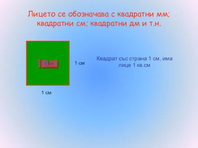 Лицето се обозначава с квадратни мм; квадратни см; квадратни дм и