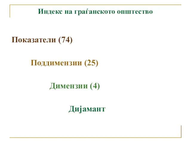 Индекс на граѓанското општество Показатели (74) Поддимензии (25) Димензии (4) Дијамант