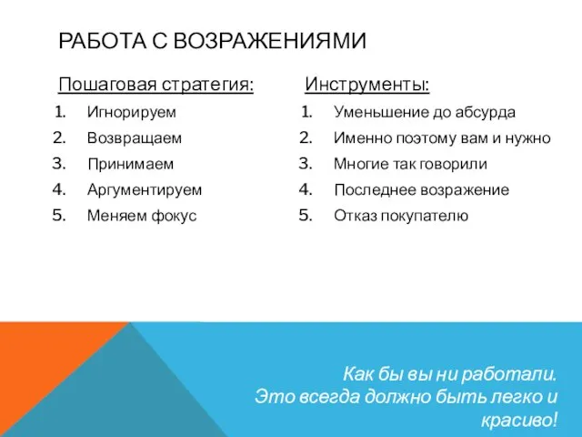 РАБОТА С ВОЗРАЖЕНИЯМИ Пошаговая стратегия: Игнорируем Возвращаем Принимаем Аргументируем Меняем фокус