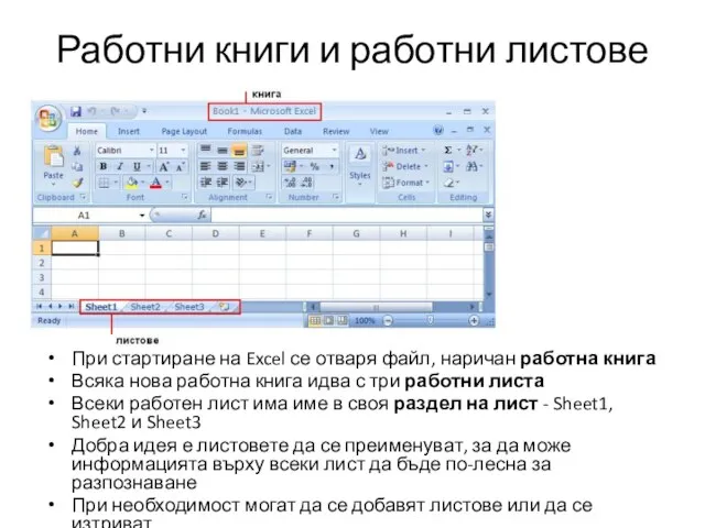 Работни книги и работни листове При стартиране на Excel се отваря