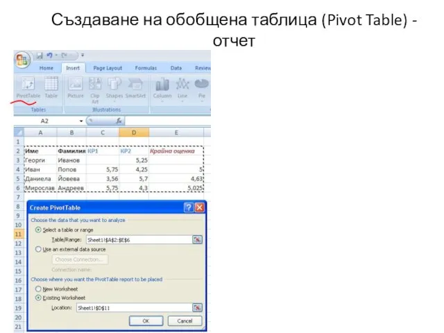 Създаване на обобщена таблица (Pivot Table) - отчет