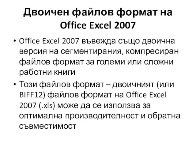 Двоичен файлов формат на Office Excel 2007 Office Excel 2007 въвежда