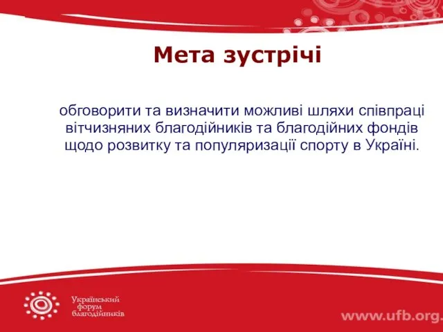 Мета зустрічі обговорити та визначити можливі шляхи співпраці вітчизняних благодійників та