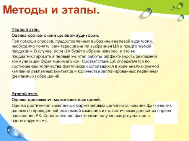 Методы и этапы. Первый этап. Оценка соответствия целевой аудитории. При помощи