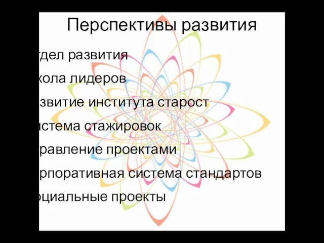 Перспективы развития Отдел развития Школа лидеров Развитие института старост Система стажировок