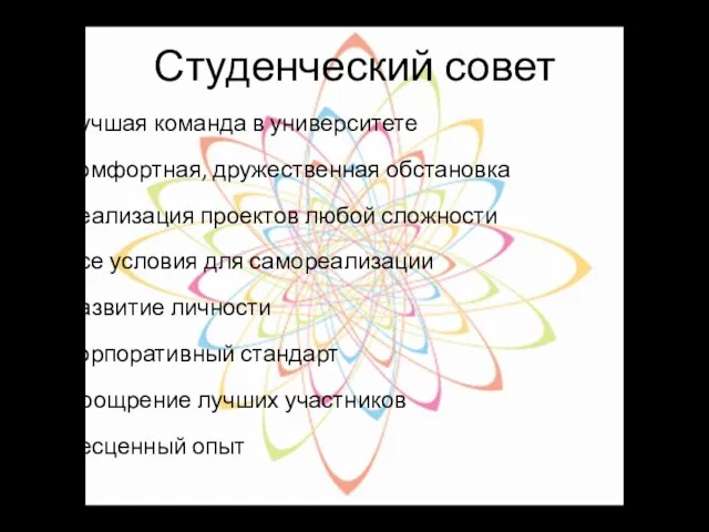 Студенческий совет Лучшая команда в университете Комфортная, дружественная обстановка Реализация проектов