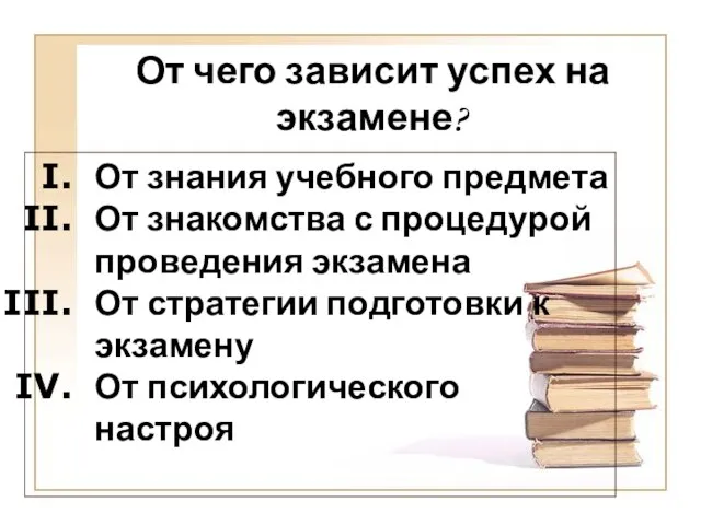 От знания учебного предмета От знакомства с процедурой проведения экзамена От