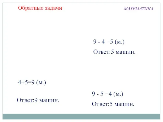 4+5=9 (м.) Ответ:9 машин. 9 - 4 =5 (м.) Ответ:5 машин.