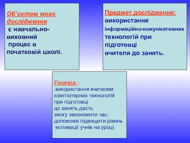 Об’єктом мого дослідження є навчально-виховний процес в початковій школі. Гіпотеза :