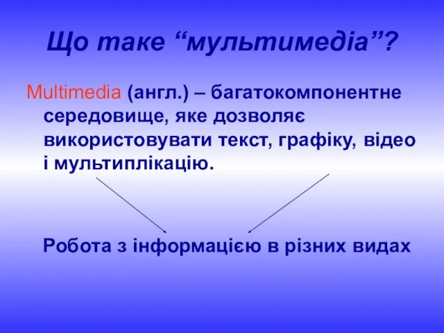 Що таке “мультимедіа”? Multimedia (англ.) – багатокомпонентне середовище, яке дозволяє використовувати