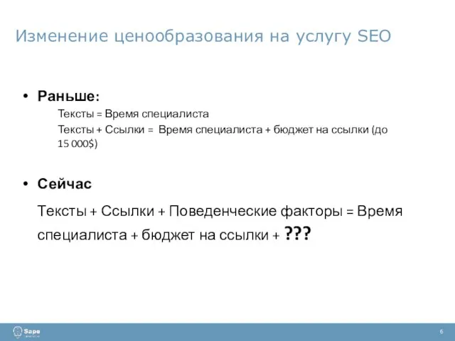 Изменение ценообразования на услугу SEO 6 Раньше: Тексты = Время специалиста