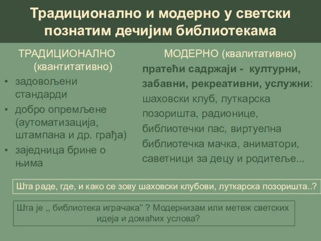 Традиционално и модерно у светски познатим дечијим библиотекама ТРАДИЦИОНАЛНО (квантитативно) задовољени