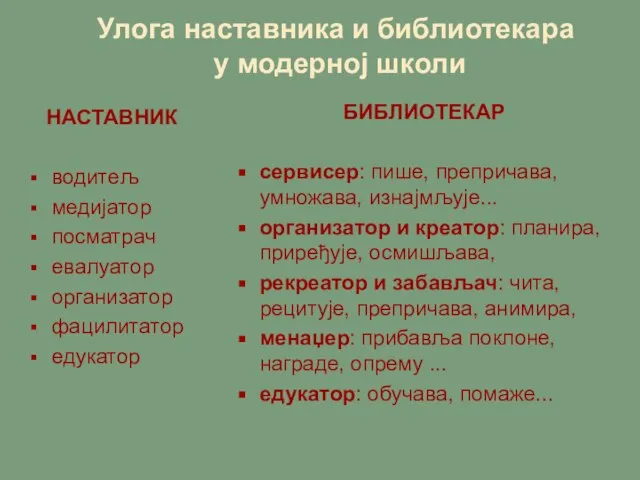 Улога наставника и библиотекара у модерној школи НАСТАВНИК водитељ медијатор посматрач