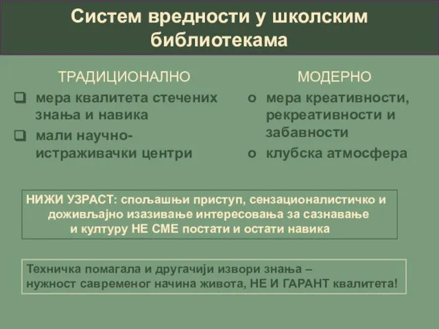 Систем вредности у школским библиотекама ТРАДИЦИОНАЛНО мера квалитета стечених знања и