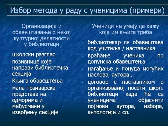 Избор метода у раду с ученицима (примери) Организација и обавештавање о