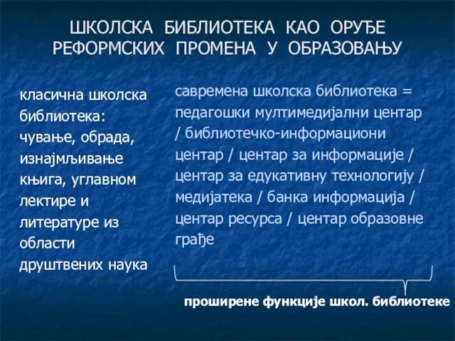 ШКОЛСКА БИБЛИОТЕКА КАО ОРУЂЕ РЕФОРМСКИХ ПРОМЕНА У ОБРАЗОВАЊУ класична школска библиотека: