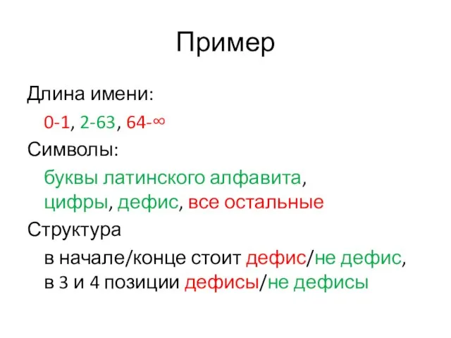 Пример Длина имени: 0-1, 2-63, 64-∞ Символы: буквы латинского алфавита, цифры,