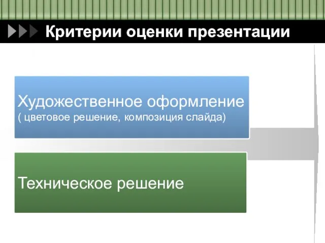 Критерии оценки презентации Художественное оформление ( цветовое решение, композиция слайда) Техническое решение