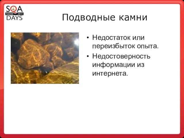 Подводные камни Недостаток или переизбыток опыта. Недостоверность информации из интернета.