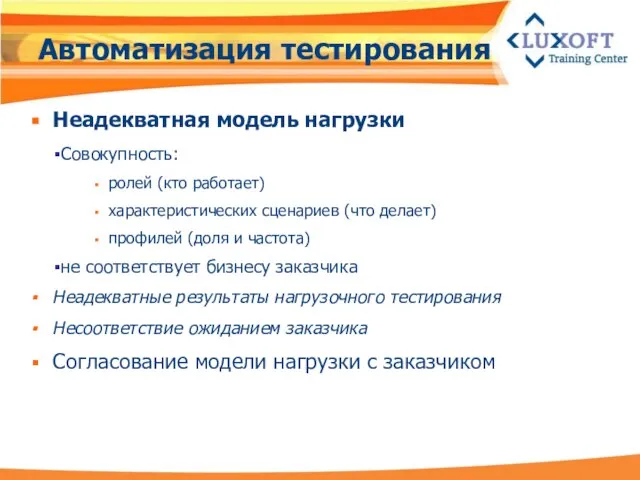 Автоматизация тестирования Неадекватная модель нагрузки Совокупность: ролей (кто работает) характеристических сценариев