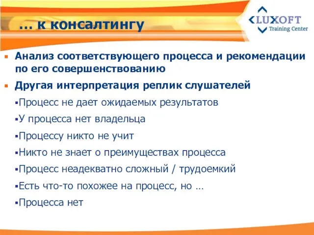 … к консалтингу Анализ соответствующего процесса и рекомендации по его совершенствованию