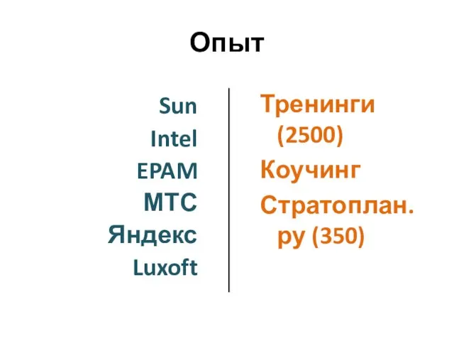 Опыт Sun Intel EPAM МТС Яндекс Luxoft Тренинги (2500) Коучинг Стратоплан.ру (350)