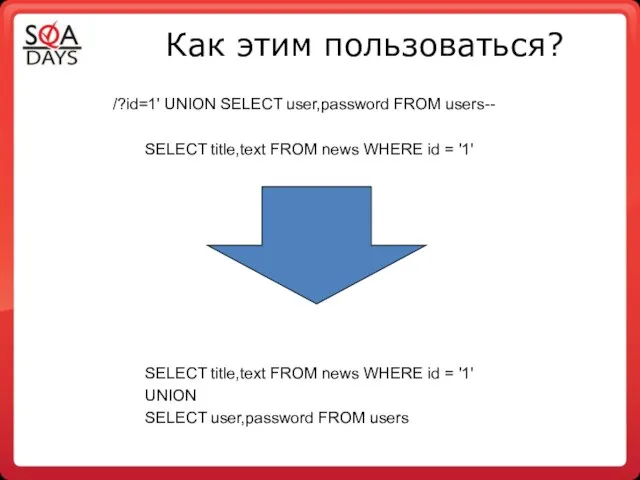 Как этим пользоваться? /?id=1' UNION SELECT user,password FROM users-- SELECT title,text