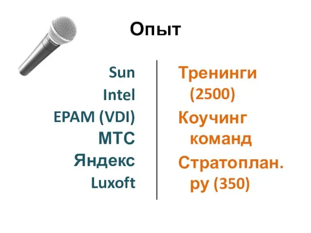 Опыт Sun Intel EPAM (VDI) МТС Яндекс Luxoft Тренинги (2500) Коучинг команд Стратоплан.ру (350)