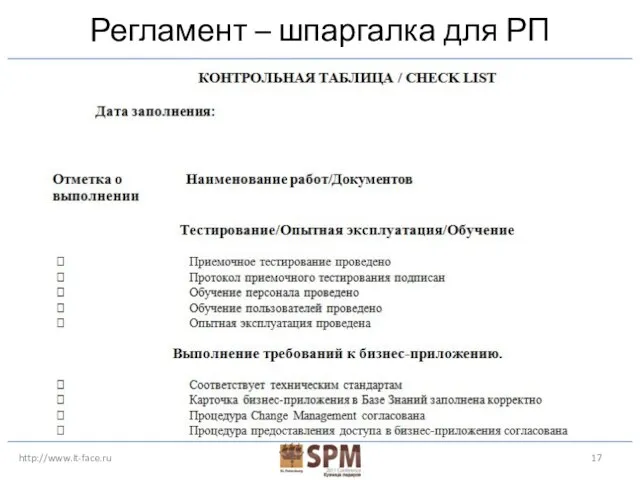 http://www.it-face.ru Регламент – шпаргалка для РП