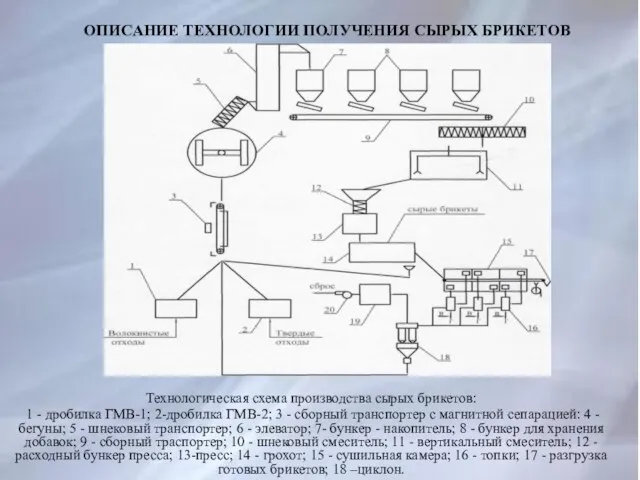 ОПИСАНИЕ ТЕХНОЛОГИИ ПОЛУЧЕНИЯ СЫРЫХ БРИКЕТОВ Технологическая схема производства сырых брикетов: 1