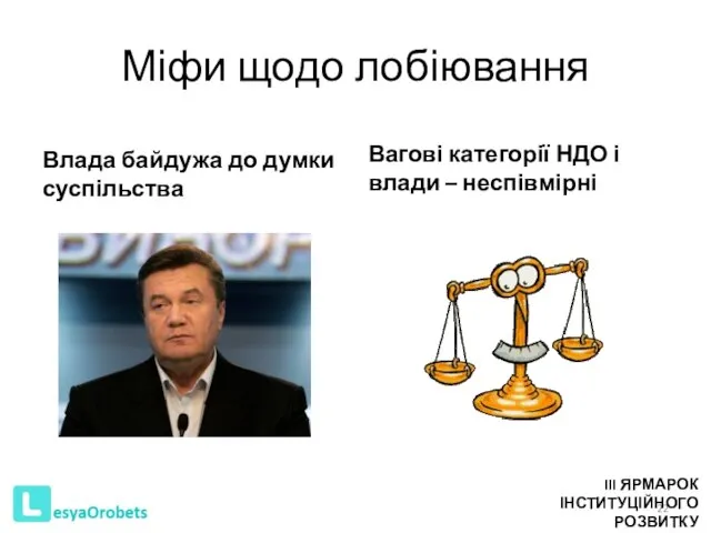 Міфи щодо лобіювання Влада байдужа до думки суспільства Вагові категорії НДО