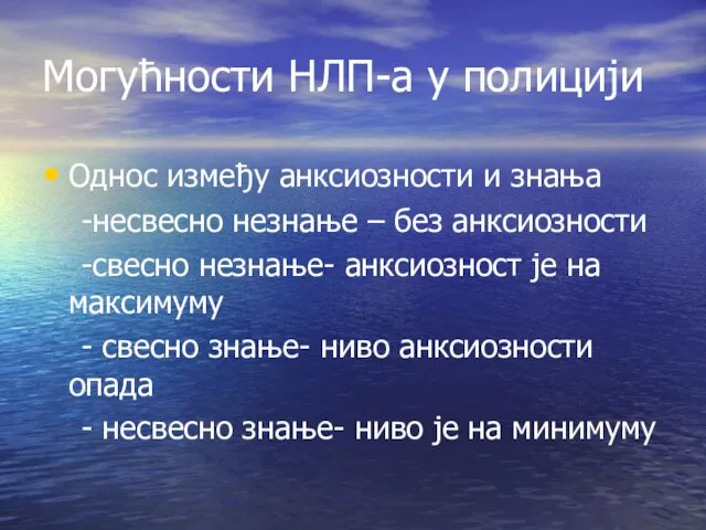 Могућности НЛП-а у полицији Однос између анксиозности и знања -несвесно незнање