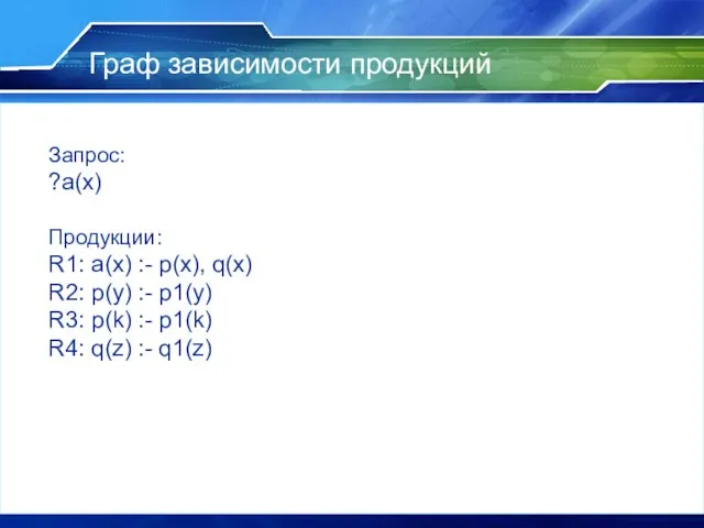 Граф зависимости продукций Запрос: ?a(x) Продукции: R1: a(x) :- p(x), q(x)