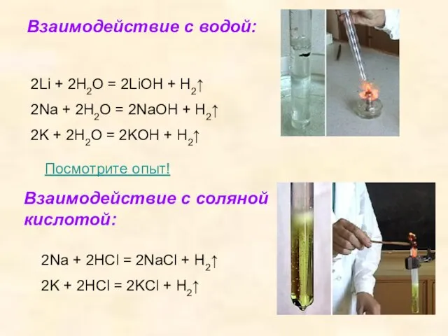 Взаимодействие с водой: Посмотрите опыт! 2Li + 2H2O = 2LiOH +