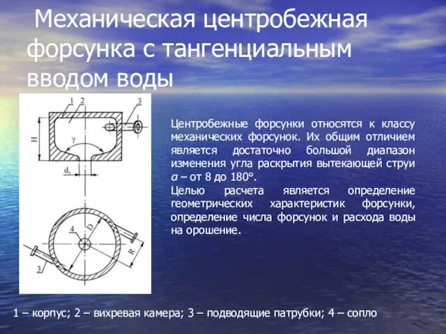 Механическая центробежная форсунка с тангенциальным вводом воды 1 – корпус; 2